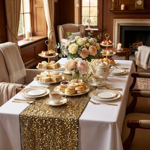Black Gold Sequin Table Runner 120 Inch 10ft Set of 2 for Party & Event Decoration