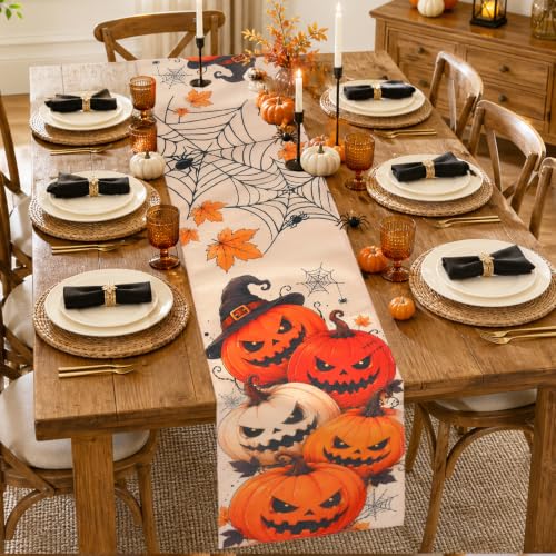 Halloween Table Runner - Orange Pumpkin Spider Web Design, 13 x 72 Inches - Fall & Party Decor