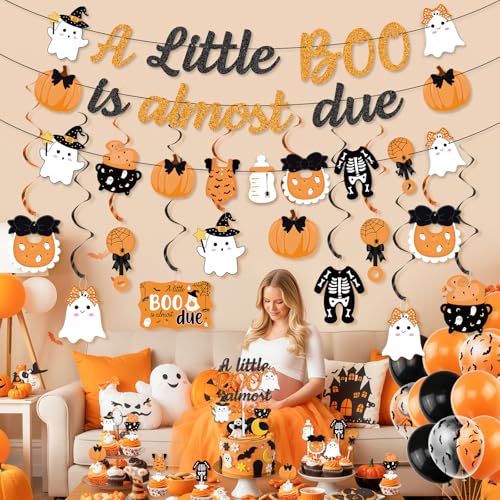 Halloween Baby Shower Decorations Set - Banners, Cake Toppers, Balloons, Ghost & Pumpkin Theme