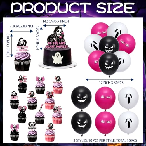 Pink and Black Horror Movie Party Decorations Set with Banner, Balloons & Cupcake Toppers