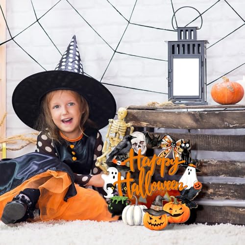 Rustic Halloween Wooden Wreath Sign with Ghost, Cat, Pumpkin & Skull - Front Door Decor
