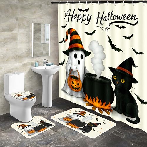 Halloween Shower Curtain Set with Bath Mat Toilet Cover and Hooks - Spooky Ghost Cat Pumpkin Decor