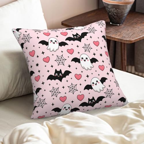 Halloween Decorative Throw Pillow Covers Set of 2 16x16 Inches - Pink Ghost Bats Hearts Rustic Farmhouse Outdoor Cushion Cases