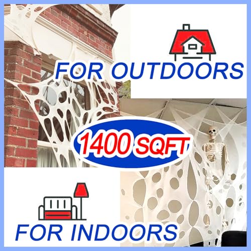 Giant Outdoor Spider Web Decoration Kit - 1400 Sqft Glow-in-The-Dark Blue Web with Blacklights - Halloween Decor, Reusable and Easy to Install - White Variation