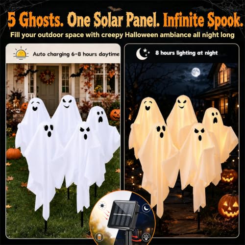 Solar Ghost Yard Decorations 5-Pack Outdoor Halloween Lights with 8 Modes