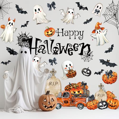 Halloween Wall Decals Set - Spooky Ghost Pumpkin Bat Spider Web Stickers for Home & Party Decor