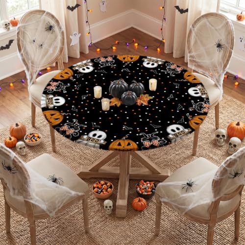 Halloween Fitted Tablecloth for 45-56 Inch Round Tables - Ghost Bunny, Black, 56 Inch