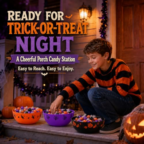 Halloween Candy Bowls Set - Ghost Pumpkin Spider Web Trick or Treat Decor - Black, Orange, Purple