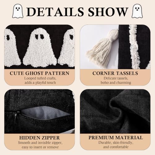 Halloween Ghost Lumbar Pillow Covers Set - Black & White Cotton Linen 15x20