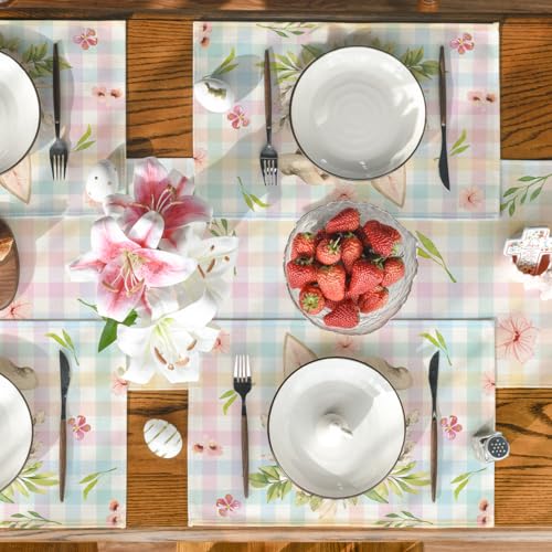 Colorful Easter Bunny Ears Placemat Set of 4 - 12x18 Inch Holiday Table Mats, Blue/Pink