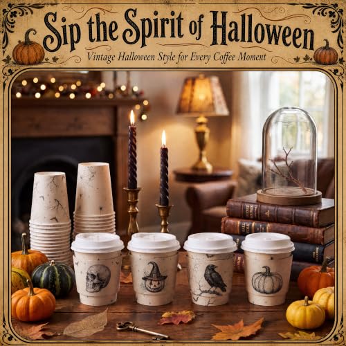 Halloween Disposable Coffee Cups with Lids and Sleeves - 8 oz Pack of 100