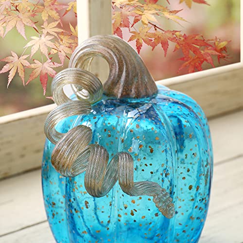 Blue Hand Blown Glass Pumpkin Figurine - 6.1 Inches Fall Decor