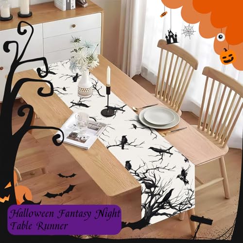 Halloween Black Linen Table Runner 13x72 Inch for Dining & Kitchen Decor - Crow & Branch Pattern