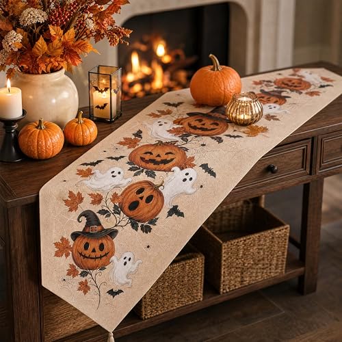 Halloween Pumpkin Ghost Fall Table Runner 13x72 Inch for Autumn Dining Decor - Variation of Pumpkin