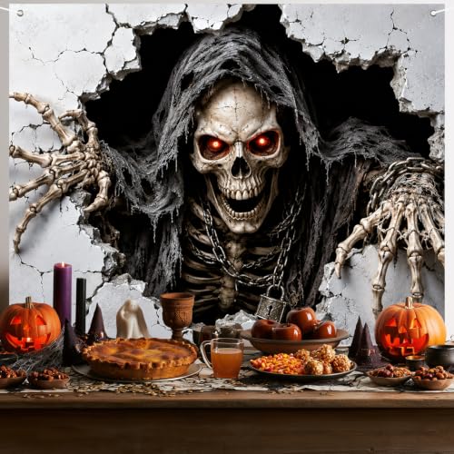 Skeleton Wall Banner Halloween Decor Breakout Banner 71x43 Inch - Hooded Skull Scene