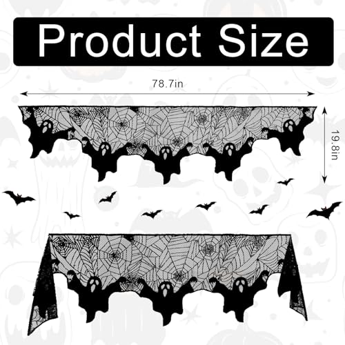 Halloween Mantle Scarf Ghost Spider Web Lace Fireplace Cover - Black Embroidered, 79 x 20 Inches - Ghost Variation