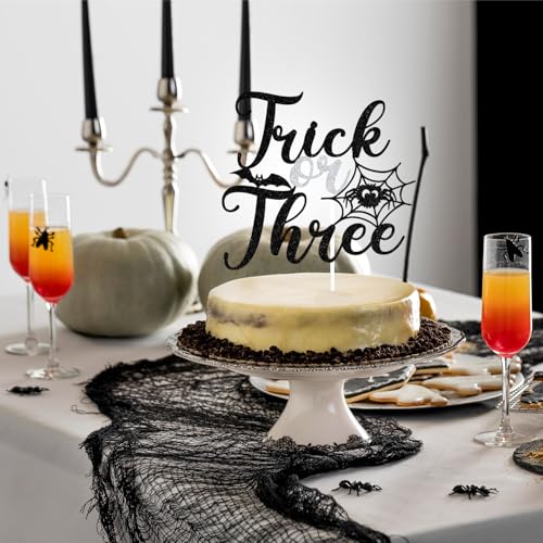 Black Glitter Trick or Three Cake Topper Halloween Birthday Decorations