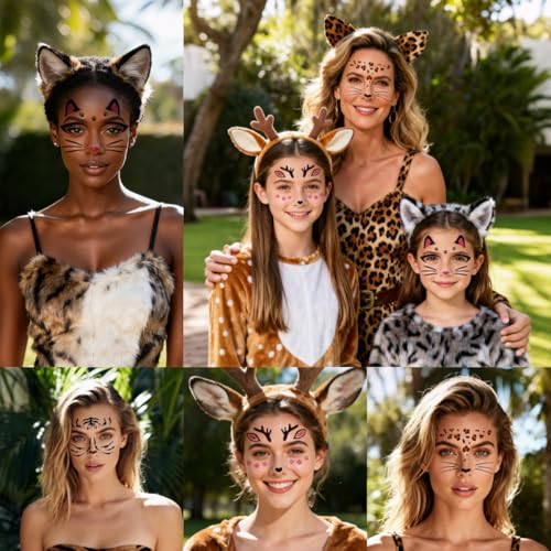 Animal Face Temporary Tattoo Stickers - Leopard, Tiger, Cat, Deer, Multicolour