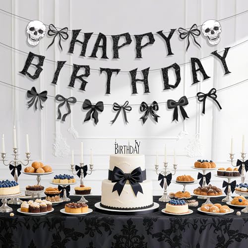 Gothic Black Bow Birthday Party Decorations Kit - Skeleton Banner & Garland