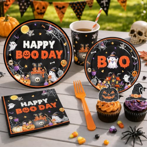 Halloween Birthday Party Decorations Kit with Banner Balloons Plates Napkins - Happy Boo Day Variation