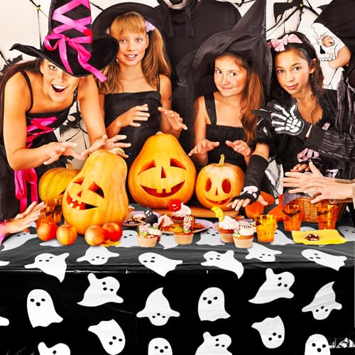 Halloween Plastic Tablecloths Black White Ghost Set - 8 Pcs 54 x 108 Inch