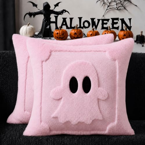 Halloween Pillow Covers 18x18 Set of 2 Pink Ghost Decor for Home & Party