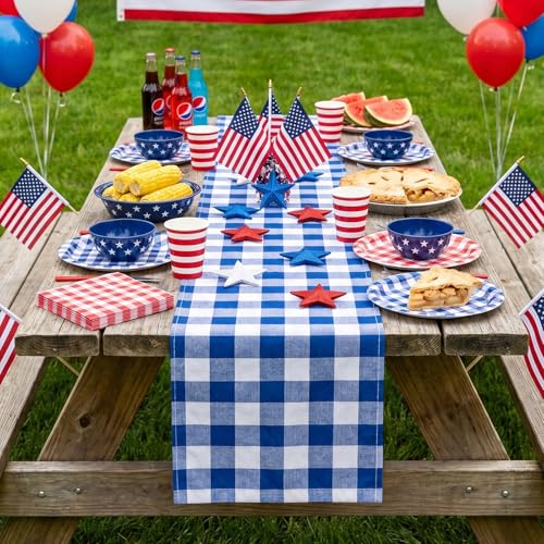 Blue Plaid Table Runner 13x108 Inch Set of 4 Buffalo Check Holiday Decor - White & Blue