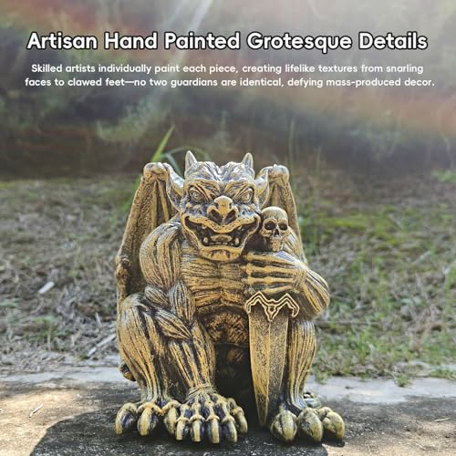 Gothic Gargoyle Statue with Intricate Wings, Demonic Skull, Outdoor Indoor Decor