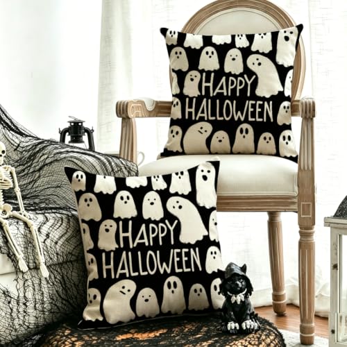 Halloween Ghost Pillow Covers 18x18 Set of 2 Black White Ghost Decor - Variation: Black / 18" x 18"