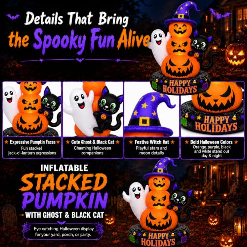 8 FT Inflatable Halloween Pumpkin Scene with Ghost Black Cat LED Lights