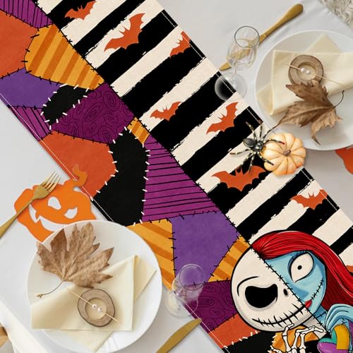 Halloween Jack Table Runner - Black White Stripes Patch Bat, 13 x 72 Inches