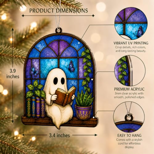 Bookish Ghost Ornament for Christmas Tree & Holiday Decor - Cozy Reading Scene