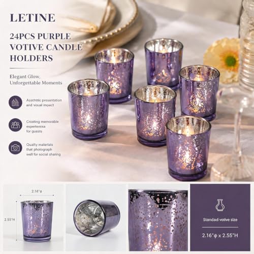 Purple Votive Candle Holders Set - 24 Glass Tea Light Holders for Weddings & Home Decor - Variation: Purple / Cup / 24