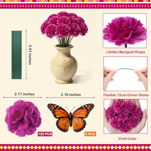 Memorial Purple Artificial Marigold Flower Heads with Stems - 120PCS, Decorative Tribute