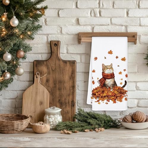 Fall Cat Kitchen Towels - Cat Maple Leaf Autumn Hand Towels for Kitchen & Bathroom - Variation of Cat Fall