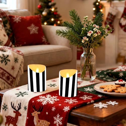 Set of 2 Flameless Candles with Remote - White & Black Stripe, Small & Large, Realistic LED Taper Candles
