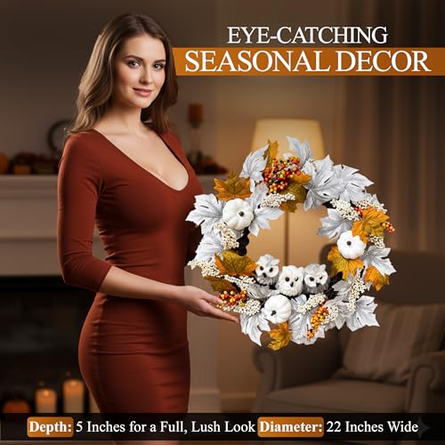21-Inch Fall Owl Wreath with Pumpkins & Maple Leaves for Front Door Halloween Thanksgiving