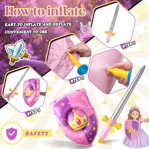 Princess Knight Inflatable Sword & Shield Set - 4 Pcs for Party, Pink, Princess Variation