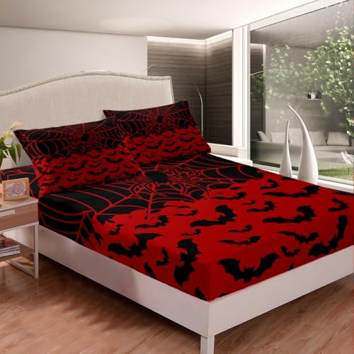 Halloween Bat Bed Sheets Queen Size Bed Set - Kids Boys Girls Spooky Web Design, No Flat Sheet - Halloween 05