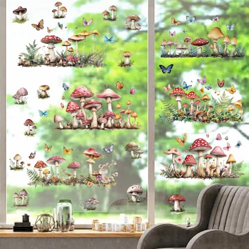 8 Sheets Mushroom Window Stickers - Translucent Waterproof Wall Decals for Bedroom Home & Restaurant