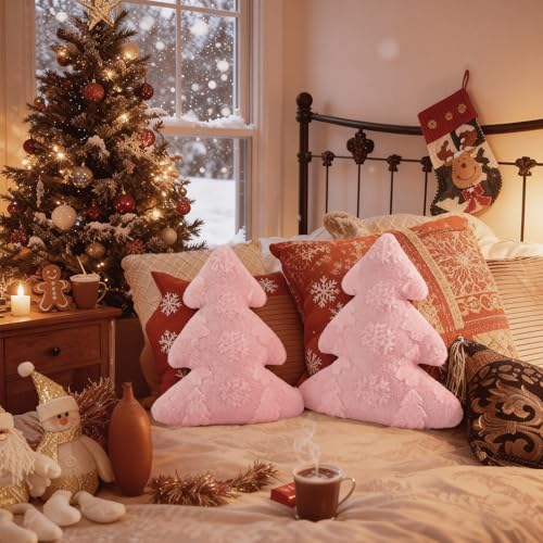 Christmas Tree Pillows Set of 2 - Snowflake & Tree Holiday Decor 16x18 Inch Pink