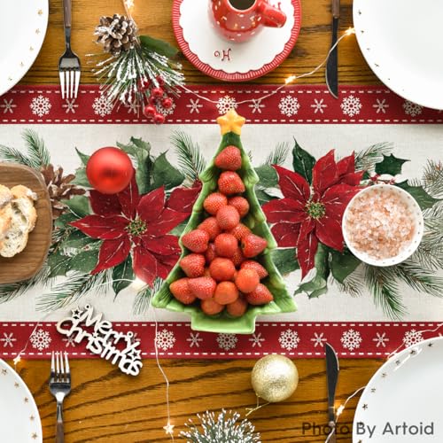 Christmas Poinsettia Table Runner 13x60 Inch Holiday Home Decor - Red Variation