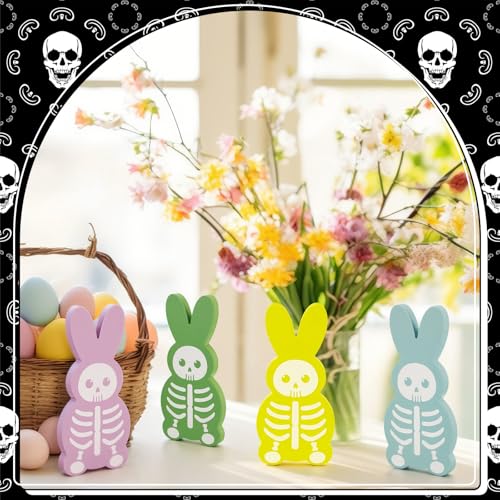 Halloween Skeleton Bunny Wooden Table Decor Set - Spooky Gothic Bunny Signs
