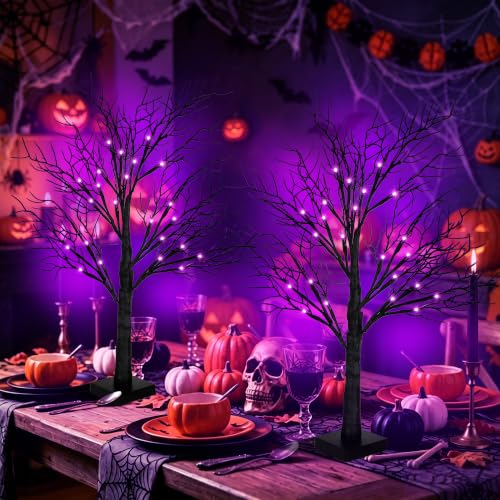 Purple Lighted Halloween Trees - 24 Inch Spooky Tabletop Decor Set of 2 with Timer