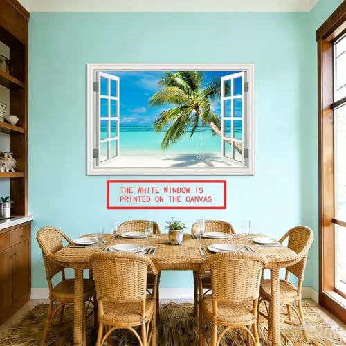Beach Palm Tree Wall Art Canvas - 36x24 Inch Seascape Print with Fake Window Frame - Tropical Beach Decor
