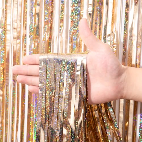 Laser Champagne Foil Fringe Backdrop Curtains - 2 Pack, 3.3x8.2 Ft - Variation of Laser Champ / 2