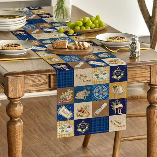 Blue Buffalo Plaid Stars Table Runner - Passover Kitchen Decor 13x72 Inch