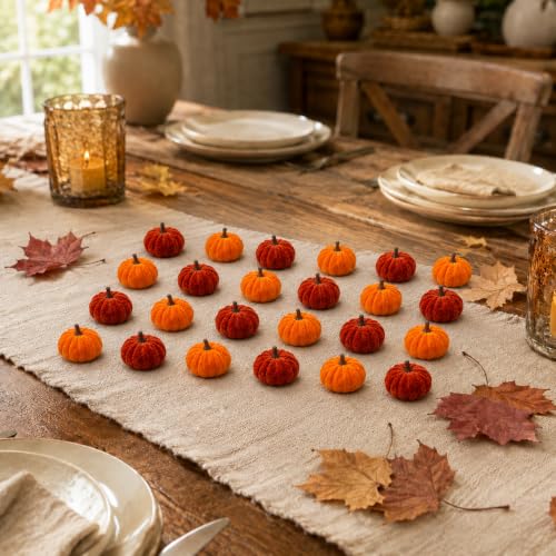 Orange Velvet Artificial Pumpkins Set - 24 Pcs Fall Decor for Thanksgiving & Halloween - Variation of Orange-24 Pcs
