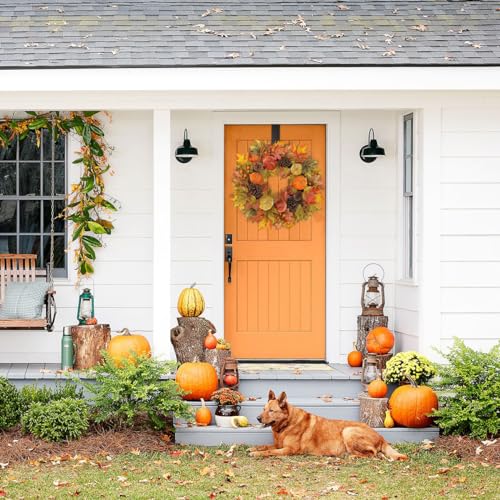 Fall Wreath 26 Inches - Autumn Velvet Pumpkin & Maple Leaf Front Door Decor - Large Harvest Thanksgiving Halloween Wreath - Briful Variation