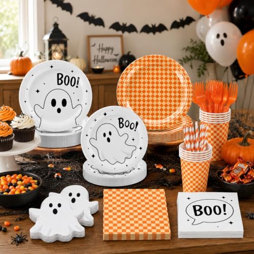 Halloween Party Supplies Set 156 Pieces Ghost & Orange Checkered Tableware